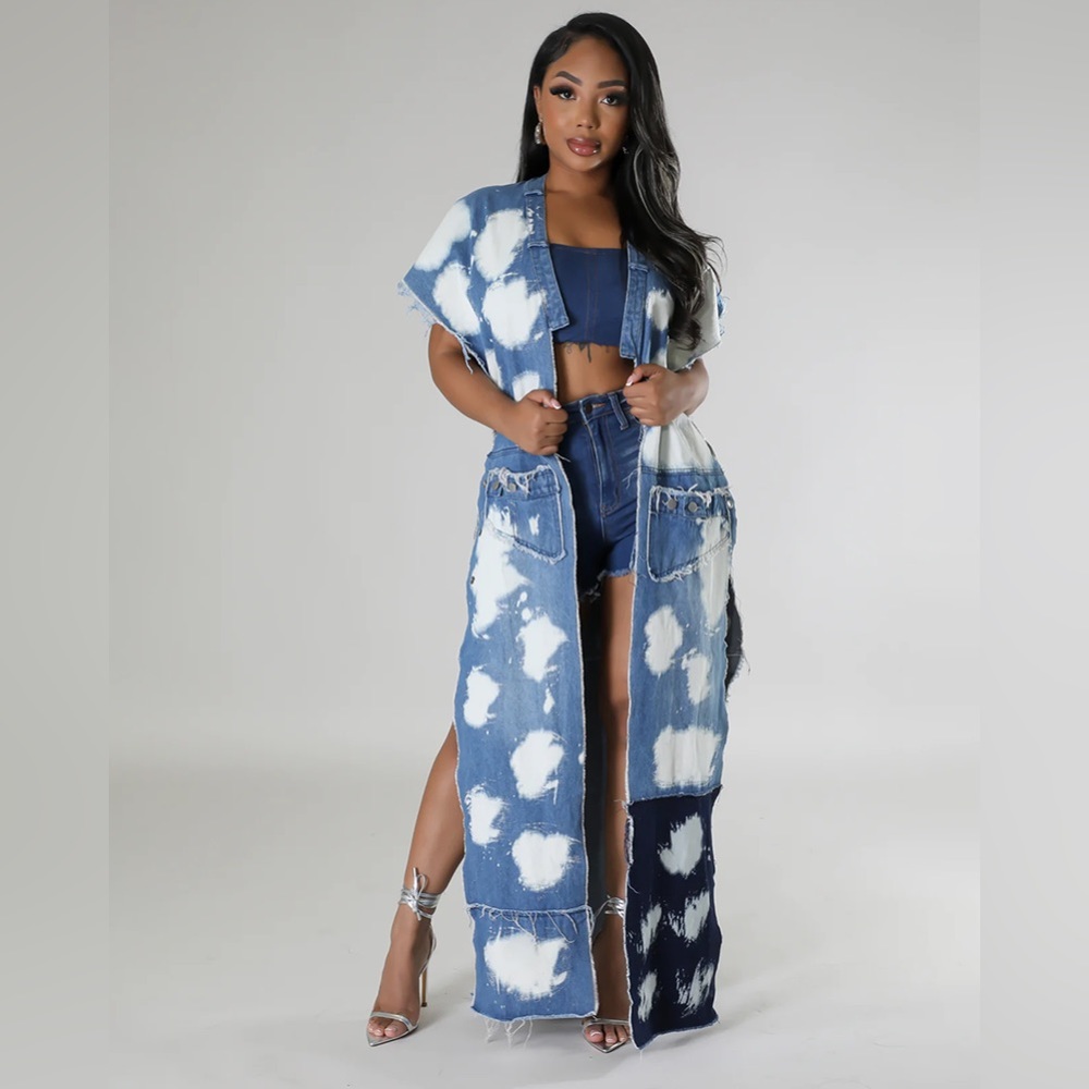 Denim acid wash maxi vest with chain detail - Picture 2 of 5